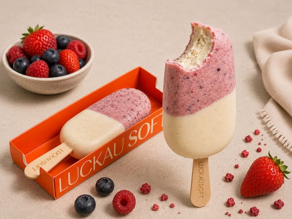 Picolé de baunilha com chocolate branco e frutas vermelhas liofilizadas